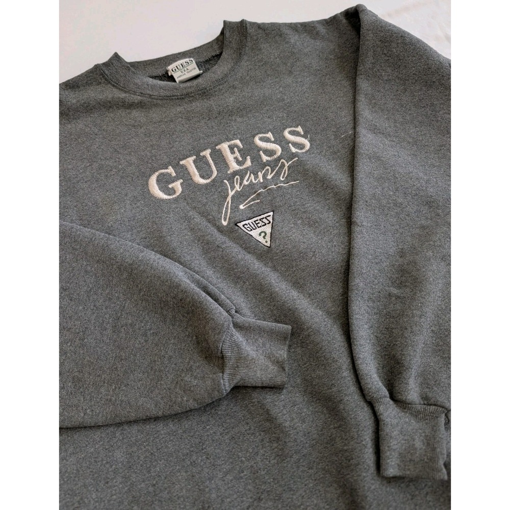 Vtg 90s Guess Jeans USA Crewneck Sweatshirt Gray Embroidered Logo Large USA